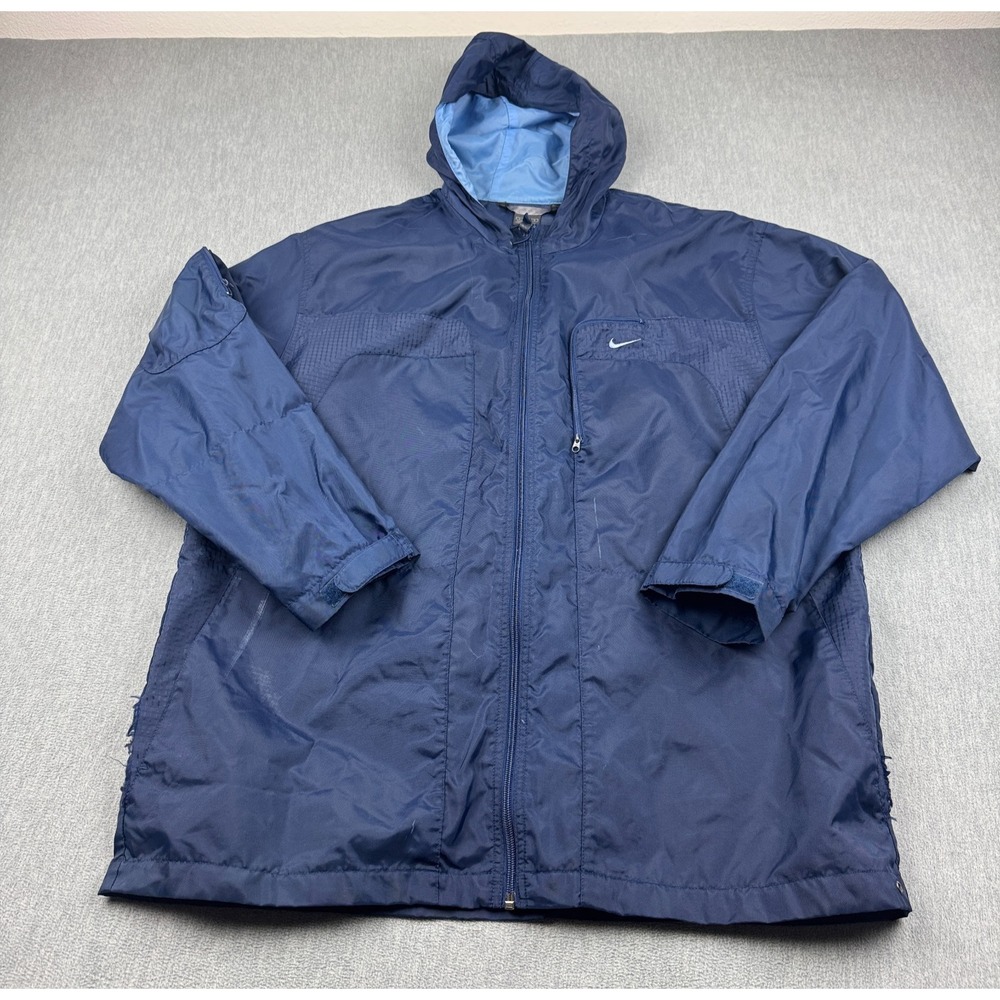 Vintage‎ Nike Jacket Mens Large Blue Full Zip Windbreaker Hooded Raincoat Y2K